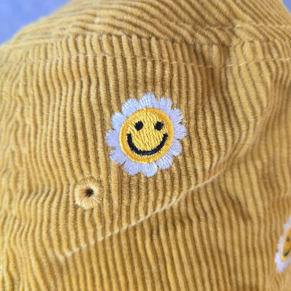 Mighty Fine Corduroy Smiling Daisy Bucket Hat Mustard Gold 100% Cotton Hipster